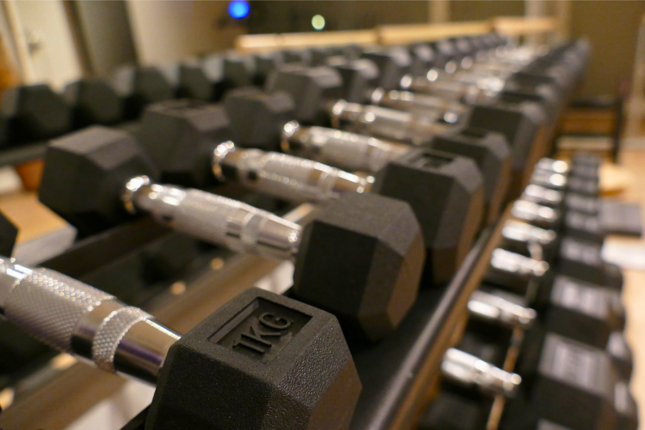 Reihe von Kurzhanteln in unterschiedlichen Gewichten im Trainingsbereich der Physiotherapiepraxis. Reihe von Kurzhanteln in unterschiedlichen Gewichten im Trainingsbereich der Physiotherapiepraxis.