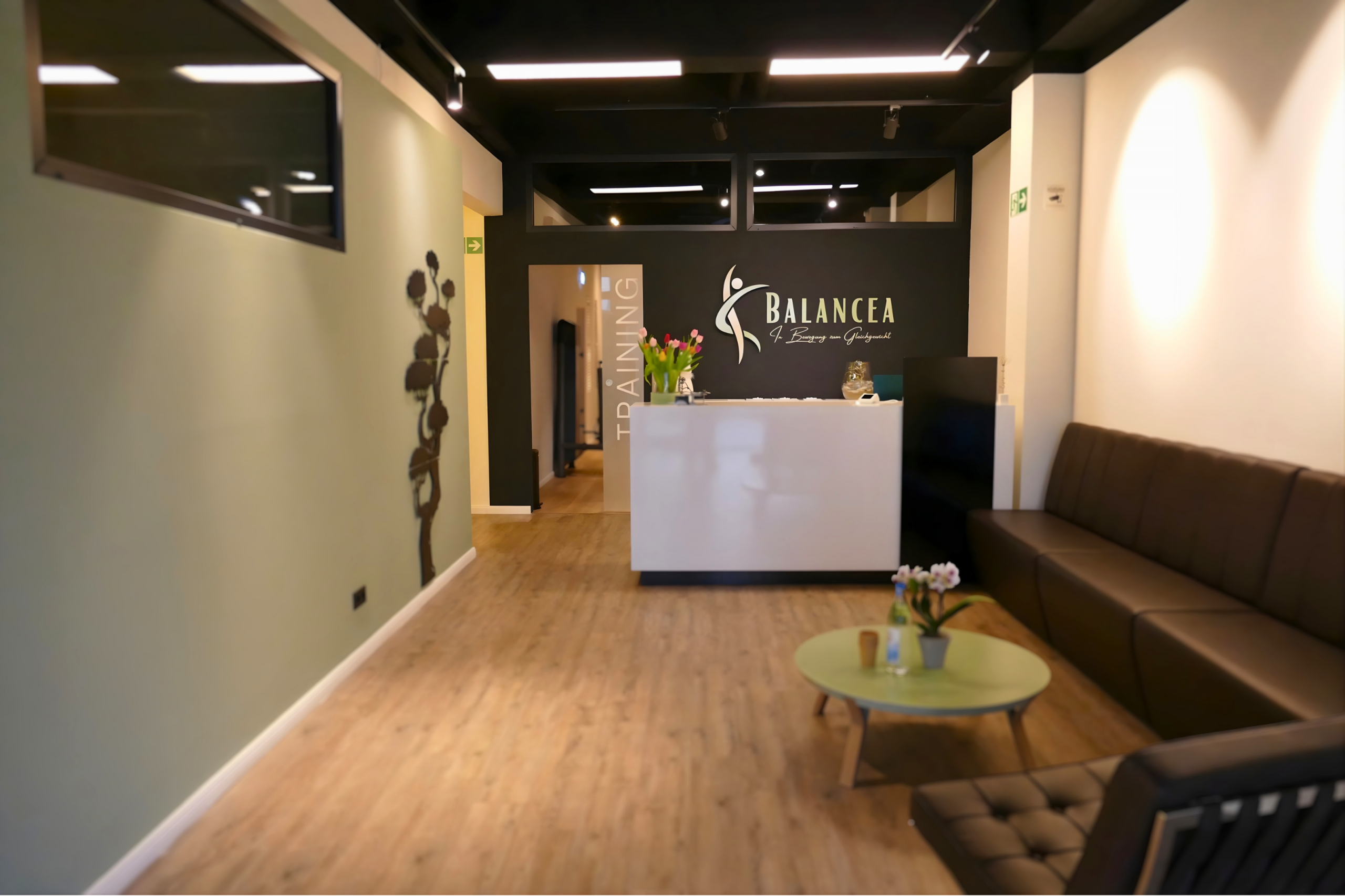 Moderner Eingangs- und Wartebereich der Physiotherapiepraxis mit Empfangstheke, Sitzbank und gemütlicher Atmosphäre. Moderner Eingangs- und Wartebereich der Physiotherapiepraxis mit Empfangstheke, Sitzbank und gemütlicher Atmosphäre.